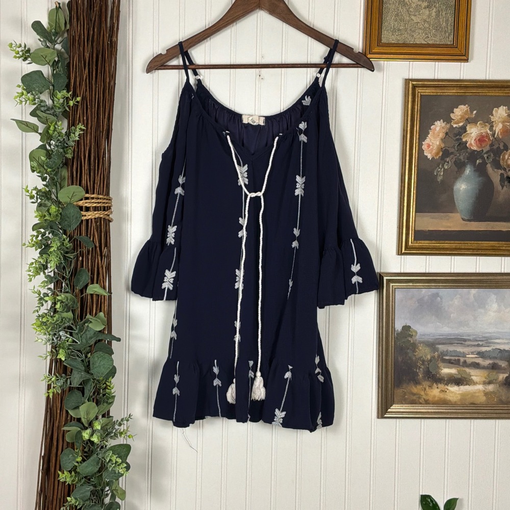 Exist Cold Shoulder Top Womens Medium Navy Blue Excellent Embroidered Boho